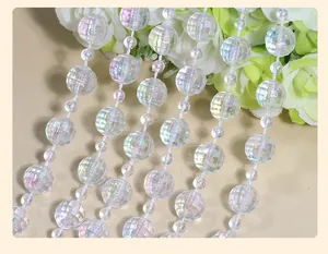 Close-up view of iridescent faceted acrylic bead strings for DIY wedding decorations