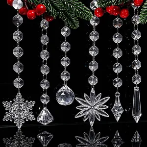 Décoration Suspendue de Noël en Faux Cristal Clair Flocon de Neige Étoile Goutte d'Eau Chaîne de Perles Acrylique Pendentif pour Mariage