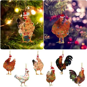 Adornos de Pollo de Navidad de Acrílico Colgantes Realistas de Gallo y Gallina Con Gorro de Navidad Decoración Colgante de Árbol