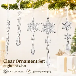 5Pcs crystal Christmas ornaments set with snowflake icicle and beaded teardrop charms.