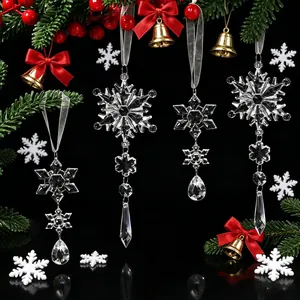 Elegant clear crystal snowflake ornaments hanging with bells for Christmas holiday decoration