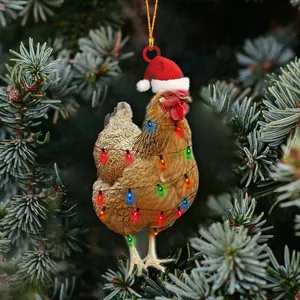 Divertido adorno de Navidad de pollo en acrílico con gorro rojo y luces de colores