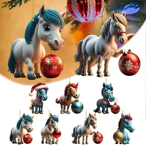 Cartoon Weihnachten Pferd Acryl Anhänger Flache 2D Druck Mit 3D Effekt Für Weihnachtsbaum Deko Festliche Party Dekorationen