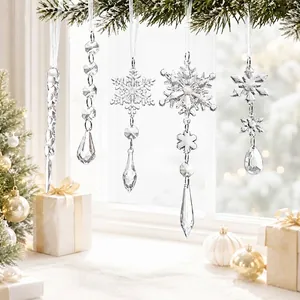 Set of 5 transparent crystal Christmas hanging ornaments with snowflakes and icicles