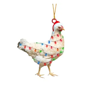 Adorno navideño de pollo en acrílico plano con gorro de Papá Noel y luces de colores
