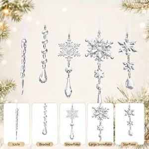 Five-piece set of clear crystal Christmas ornaments with snowflake and icicle shapes