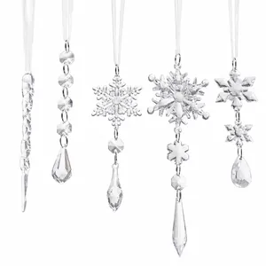 Set of 5 transparent crystal Christmas ornaments with snowflake and icicle hanging designs