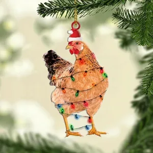Adorno de Navidad de pollo acrílico con gorro de Papá Noel y luces