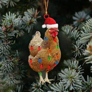 Adorno plano de acrílico de pollo de Navidad con gorro de Papá Noel y luces decor