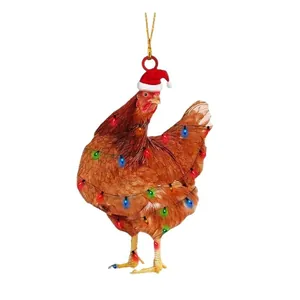 Adorno navideño de pollo colgante de acrílico plano con gorro de Papá Noel para árbol