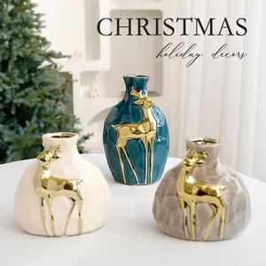 Elegantes 3er-Set Keramik-Weihnachtsvasen mit goldenem Hirschmotiv für die Festtagsdeko