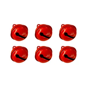 Set of six glossy red metal jingle bells hanging ornaments for Christmas tree decor