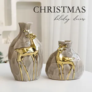 Elegantes Weihnachts-Vasen-Set aus Keramik mit goldenem Rentier-Relief für Deko