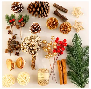 Detailliertes Layout natürlicher Weihnachtsbastelmaterialien: Zapfen, Beeren und Zimtstangen