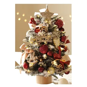 Mini albero di Natale in PE con luci e decorazioni rosse e oro su base di legno