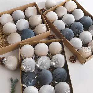 Premium flocked velvet Christmas balls set in neutral grey and navy tones in craft boxes