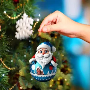 Close-up view of a Santa Claus acrylic ornament hanging on a decorated Christmas tree
