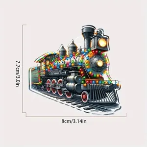 Detailed view of a vintage Christmas train tree ornament showing dimensions 8cm by 7.7cm.