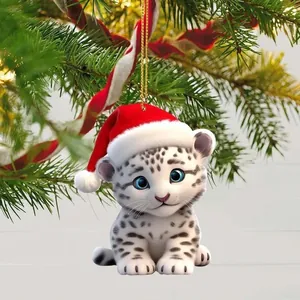 Ciondolo in acrilico con leopardo delle nevi e cappello di Babbo Natale su albero