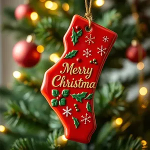 Festive red ceramic Christmas stocking ornament with Merry Christmas text for tree