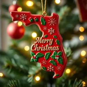 Detailed view of red Florida-shaped Christmas ornament with gold Merry Christmas text