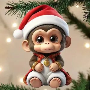 Detailansicht eines 2D Affen-Acrylanhängers mit Weihnachtsmütze für die Deko