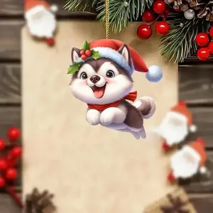 Vista detallada del colgante de acrílico de husky navideño con gorro de Papá Noel