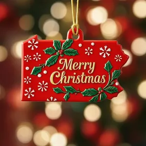 Red Pennsylvania state shaped Christmas tree ornament with Merry Christmas gold text