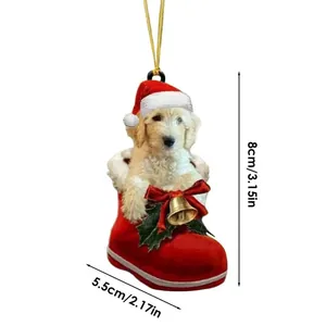 Cute golden puppy in red Christmas boot ornament with 8cm and 5.5cm measurements