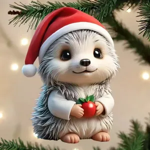 Detail eines 2D-Acryl-Weihnachtsanhängers mit einem niedlichen Igel mit Weihnachtsmütze