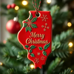 Detailed macro view of an Illinois state shaped red Christmas ornament with holly motifs.