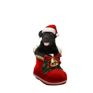 Cute black dog in Christmas boot acrylic flat pendant for holiday tree decoration