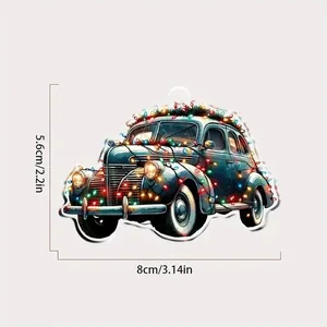 Vintage car Christmas ornament with lights, 8x5.6cm acrylic flat hanging decoration.