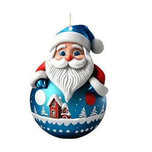 Festive 3D-style Santa Claus flat acrylic Christmas ornament with winter scene design