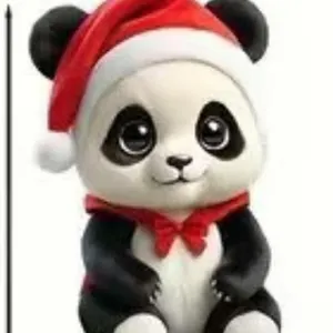 Detailansicht eines flachen 2D-Acryl-Weihnachtspanda-Anhängers mit Weihnachtsmütze