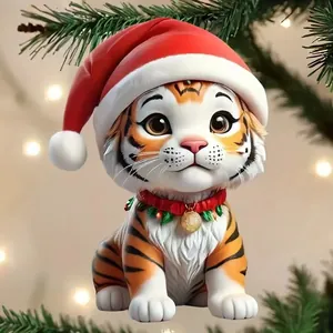 Süßer Tiger mit Weihnachtsmütze, 2D-Acryl-Anhänger für festliche Weihnachtsdekoration