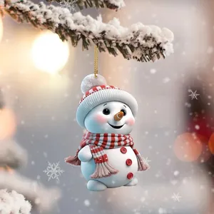 Close-up of a cute 3D cartoon snowman ornament hanging on a snowy Christmas tree