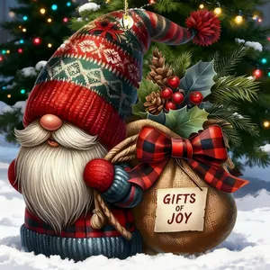 Detailweergave van kerstgnome acryl ornament met 'Gifts of Joy' label.