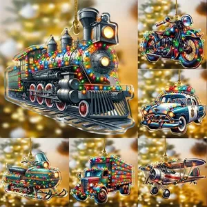 Vintage Acrylic Christmas Tree Pendant Retro Truck Train Biplane Snowmobile Hanging Ornament Farmhouse Holiday Decor