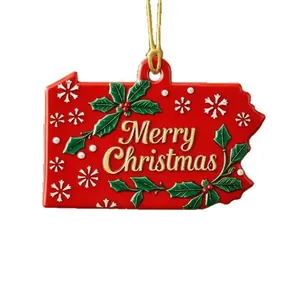 Pennsylvania state shaped Christmas tree ornament with festive Merry Christmas design