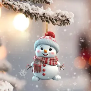 Close-up of a cute 3D cartoon snowman ornament with red striped hat and scarf.