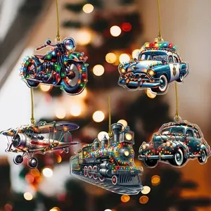 Set of 5 vintage vehicle acrylic Christmas tree ornaments featuring car and train