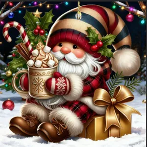 Gedetailleerd beeld van een 2D-acryl kerstkabouter met een kop warme chocolademelk