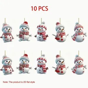 Detail showing 10 pieces of cute 2D flat style Christmas snowman hanging ornaments