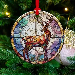 Detailreiches Hirschmuster im Buntglas-Stil auf rundem Acryl-Weihnachtsbaumanhänger