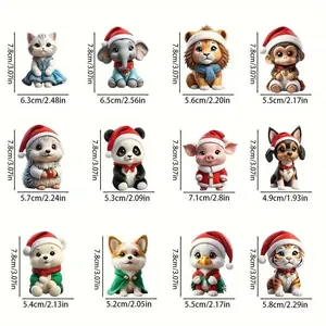 Detaillierte Maße für zwölf süße 2D-Acryl-Weihnachtstier-Hängeornamente und Dekorationen
