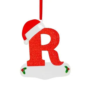 Red glitter letter R Christmas tree ornament with Santa hat and personalized base