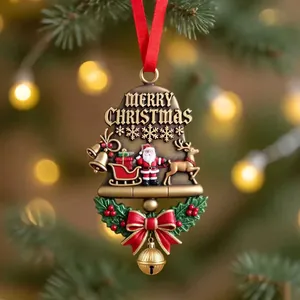 Detailed view of a Christmas bell ornament featuring Santa Claus and a reindeer.