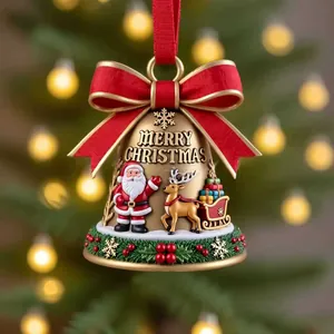 Detailed view of an ornate Santa and reindeer bell ornament with festive bow decor