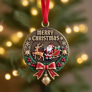 Close-up of a festive Christmas ornament with Santa Claus and Merry Christmas text.
